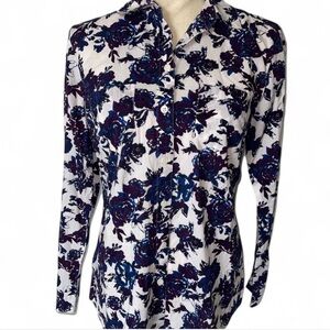 Loft Rose Print Button Up Long Sleeve Top XS White Blue Purple Cotton